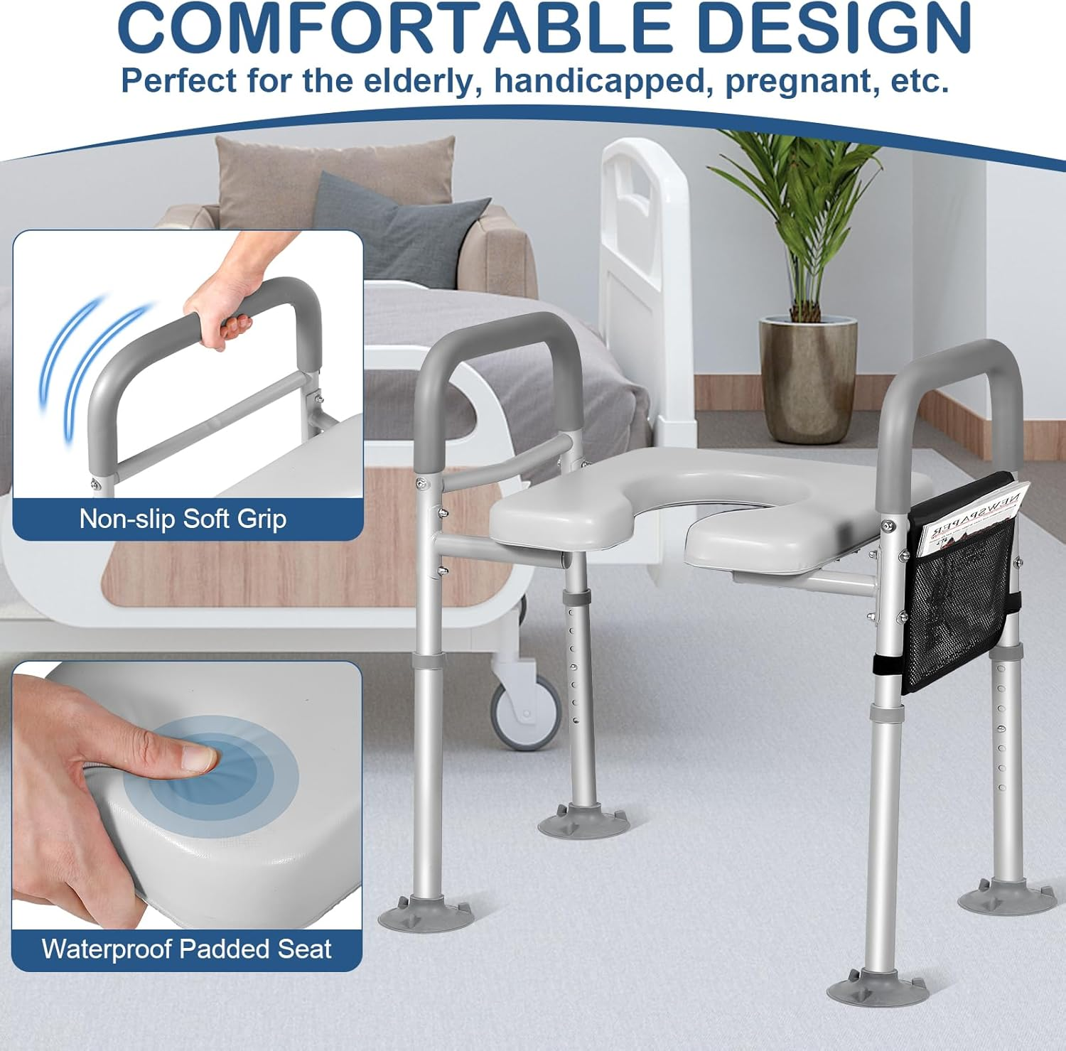 LOLLIDO 500Lbs Adjustable Toilet Seat Risers for Seniors with Storage Pouch, Raised Toilet Seat with Handles for Elderly, Pregnant and Disable, Padded Handicap Toilet Seat Riser image number 3