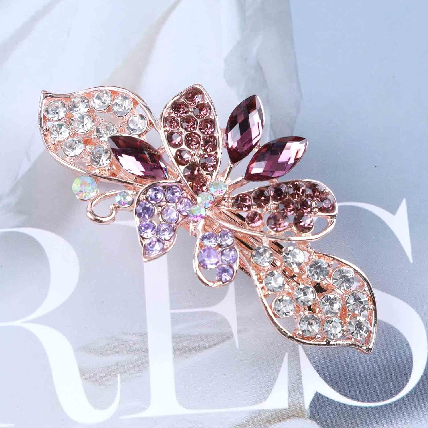 Tseenyi Crystal Flower Butterfly Hair Clip Gold Rhinestone Gemstone Hair Clip Bling Bridal Butterfly French Hair Clip Crystal Wedding Headpiece Women and Girls (With Purple Crystal) - Blue image number 4