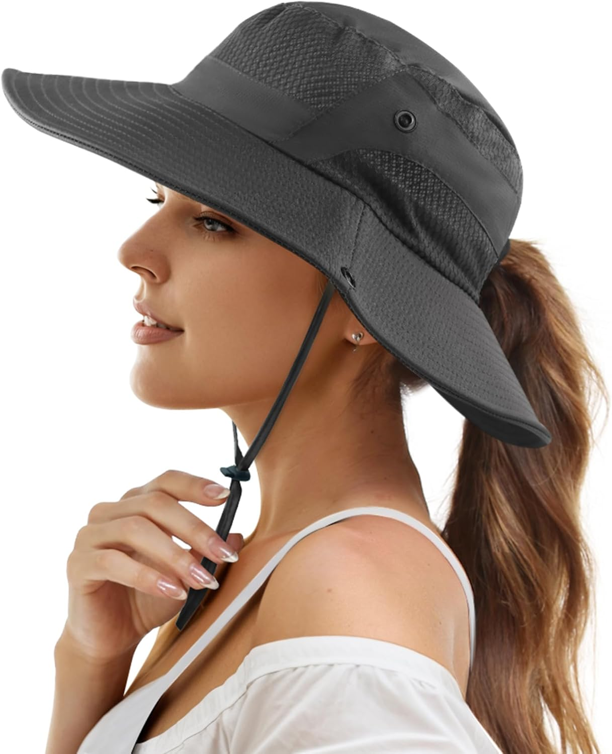 Mukeyo Womens Ponytail Sun Hat Wide Brim Mesh Bucket Hat UV UPF50 Protection Hat Foldable Summer Travel Beach Fishing Hats
