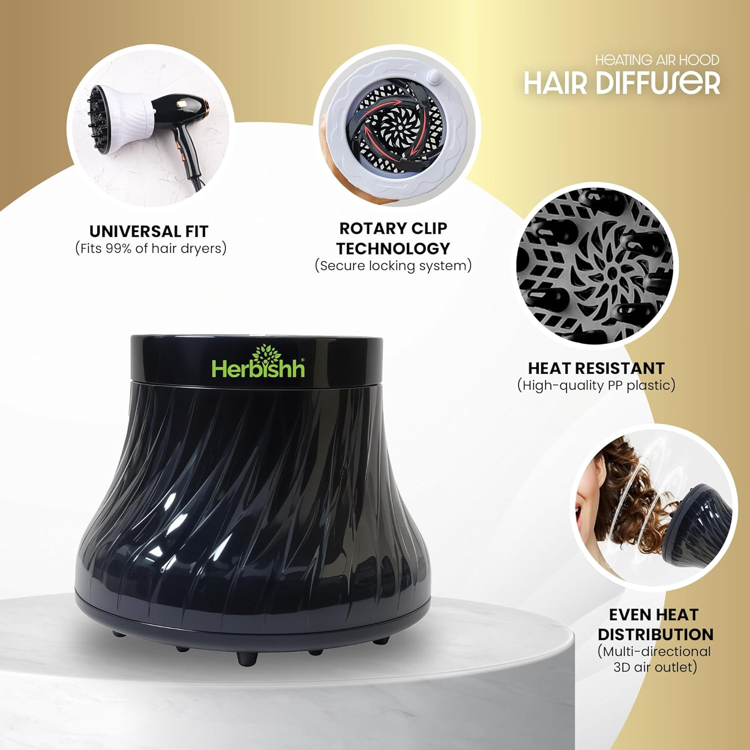 Herbishh Hair Dryer Diffuser Attachment for Even Heat Distribution, Universal Fit for Curly, Thick & Wavy Hair, Reduces Frizz & Adds Volume, Adjustable from 3.5 to 8 Cm (Black) image number 6