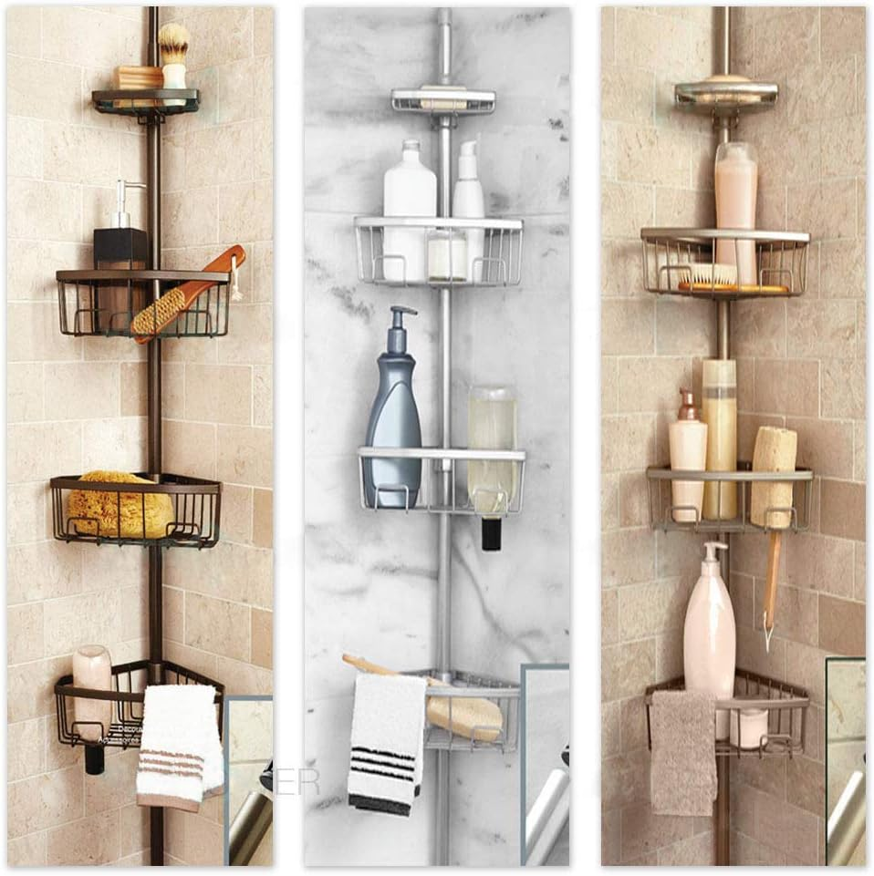 SOQ 4 Tier Shelf Corner Bathtub Shower Caddy Luxury Telescopic Metal Spring Tension Pole, Adjustable 201-266CM (Silver) image number 2