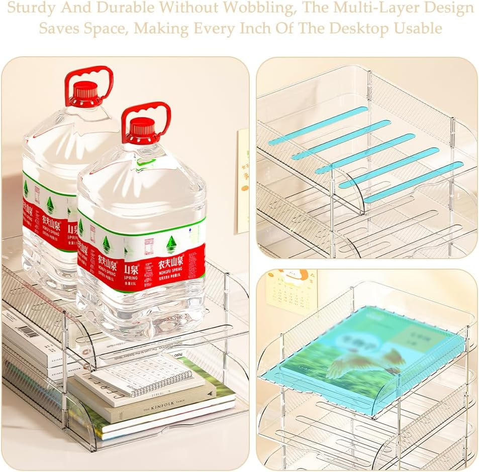 Transparent Stackable Storage Box (4 Pack), File Rack with Non-Slip Strips, Desktop Multi-Layer Storage Rack, for Store Books, Magazines, Folders, File Paper, Notes and Pens image number 6
