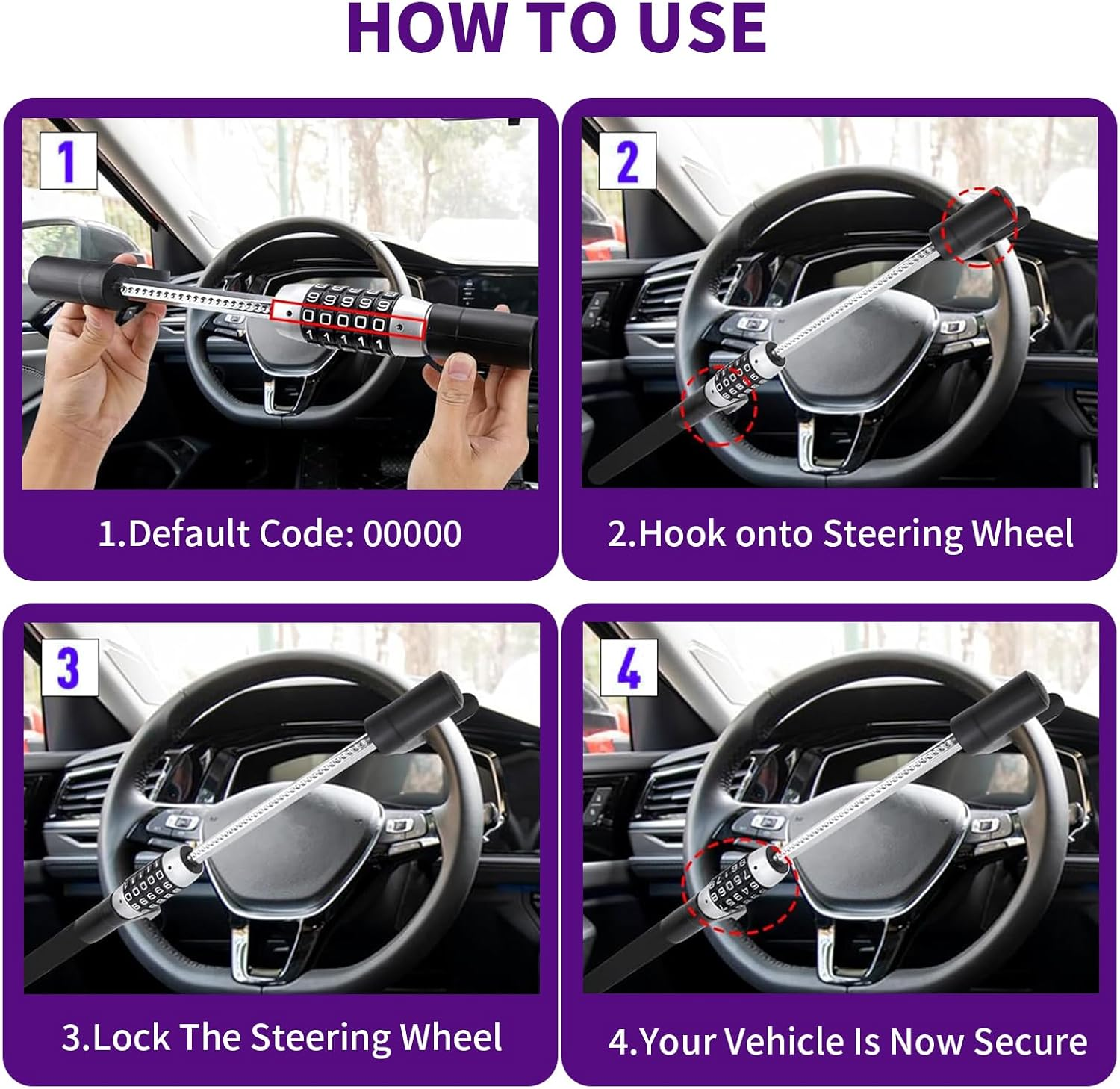 Steering Wheel Lock, Heavy Duty U-Shaped Car Anti-Theft Device with Adjustable Fit, Quick Install Security Lock for Cars, Suvs & Trucks (Black) image number 4