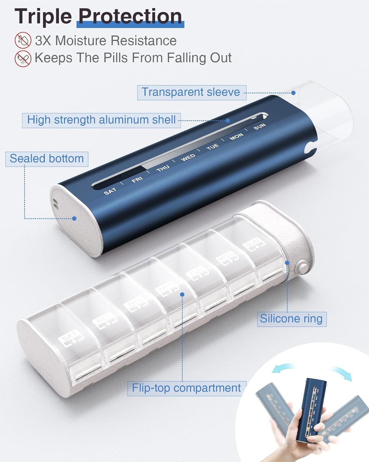 Zannaki Metal Weekly Pill Organizer, Aluminum Daily Pill Box, 7 Day Portable Travel Pill Case, Large Capacity Pill Holder Container for Pills, Medicines, Vitamins, Fish Oil, Supplements, Dark Blue image number 5