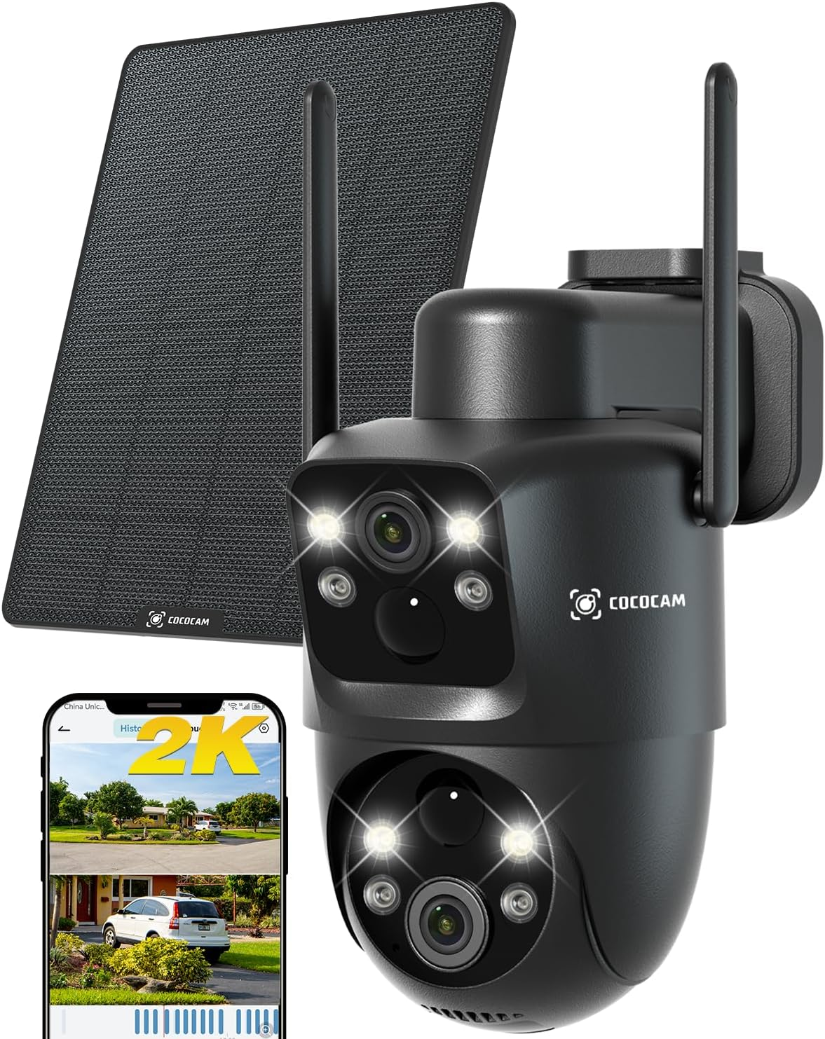 COCOCAM 2K Dual Lens Security Camera Wifi Outdoor Wireless, 10000Mah Battery, 6W Solar Panel, Dual PIR & AI Human Detection, Color Night Vision, 355&deg;P 90&deg;T, AES 128 Encryption, IP66, 2.4G Wifi image number 6
