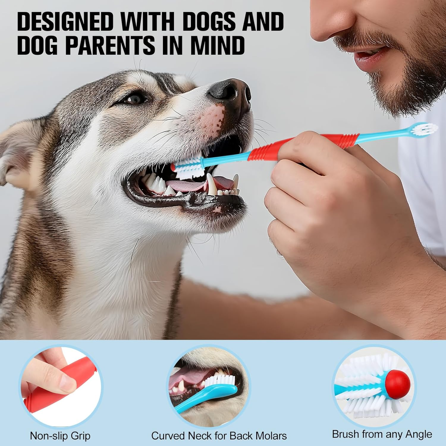 Dog Toothbrush for Small Medium to Large Dogs and Cats, Soft-Bristled Dog Tooth Brushing Kit - 3 Pcs Dual Head Premium Non-Slip Handle with 3 Cleaning Finger Brush for Dogs Cats Teeth image number 4