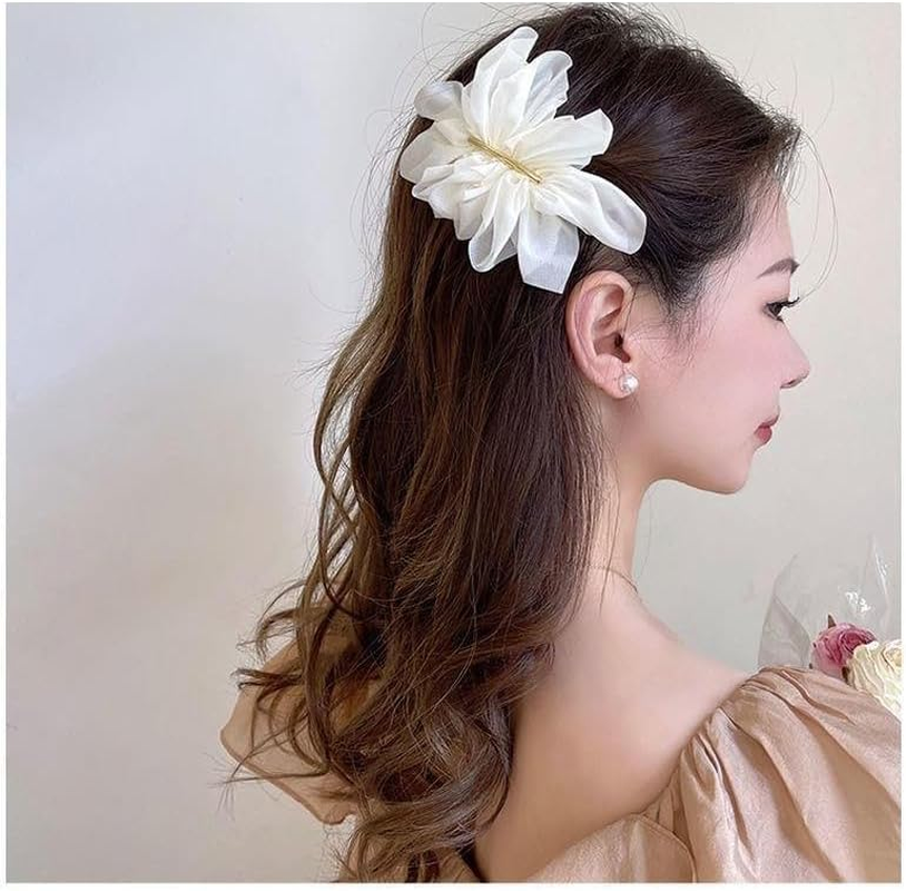 2Pcs Chiffon Flower Hair Clips Flower Hair Barrettes Hair Accessories for Women Girls Wedding Party(Black+White) image number 5
