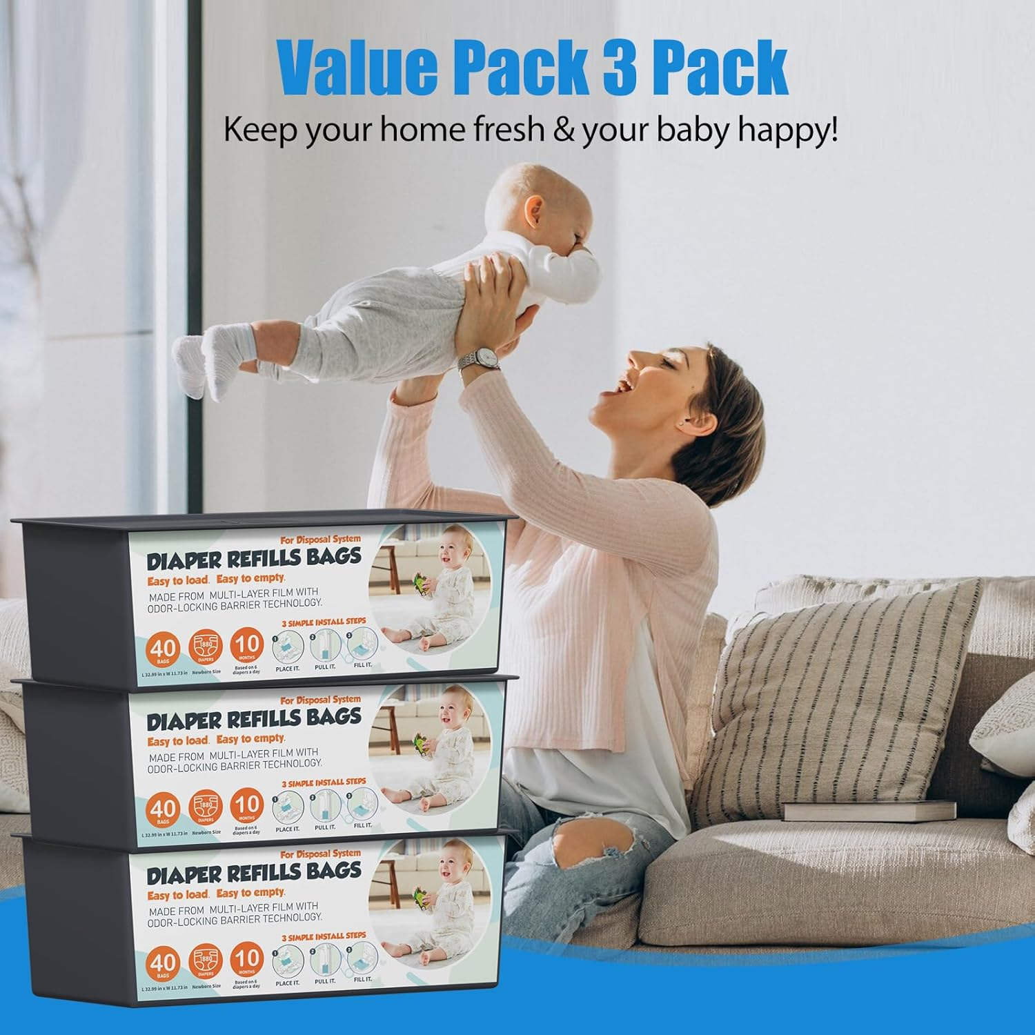 Upgrade Diaper Pail Refills Bags with 40 Bags Compatible with Genie Easy Roll Signature and Platinum Diaper Pails, 7-Layer Odor-Barrier Technology, 3 Pack (120 Bag) image number 3