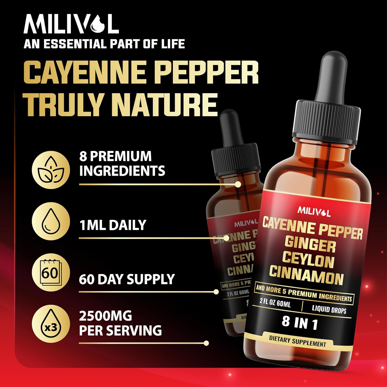 8In1 Cayenne Pepper Liquid Drops with Ginger, Ceylon Cinnamon and 5 More Herbals - Digestion, Circulatory Heath Support - 2 Fl Oz for 2 Months image number 6