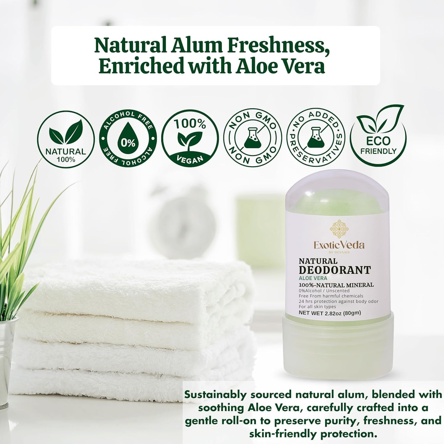 Alum Aloe Vera Deodorant Stick | 100% Natural Mineral Salt Roll-On | Alcohol & Chemical-Free | 24-Hour Odor Protection | Gentle on Sensitive Skin | Travel-Friendly, 80G (2.82 Oz) image number 6