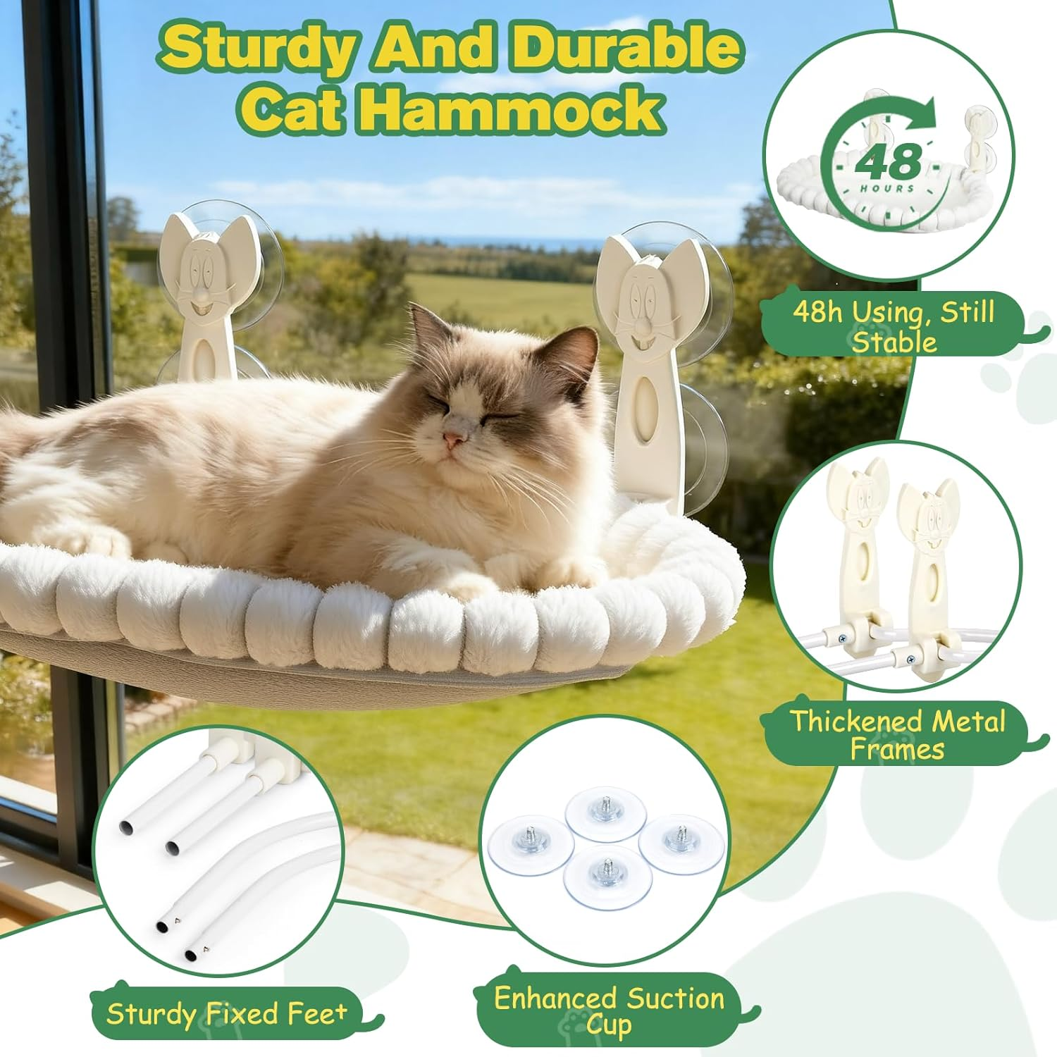 Euqvunn Cordless Cat Window Bed - 33LBS Weight Capacity with Dual-Side Washable Cushion, Foldable Cat Hammock for Indoor Cats, Ideal for Sunbathing, Napping & Bird Watching image number 2