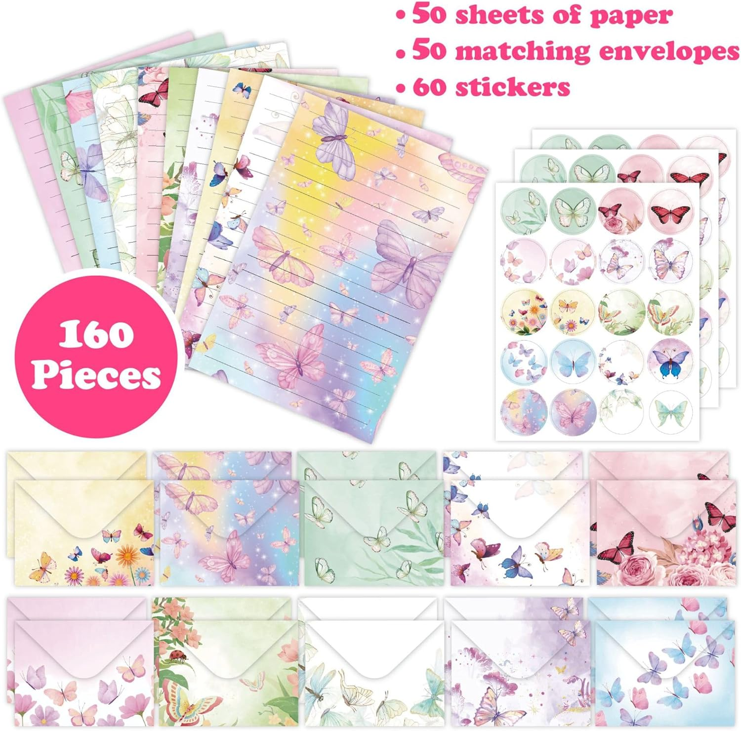 Buziba 160 Pcs Watercolor Butterfly Stationery Paper Writing Papers Matching Envelopes Set with round Stickers Lined Lettler for Writing Letters Greeting Cards Invitations (Watercolor Butterfly) image number 4