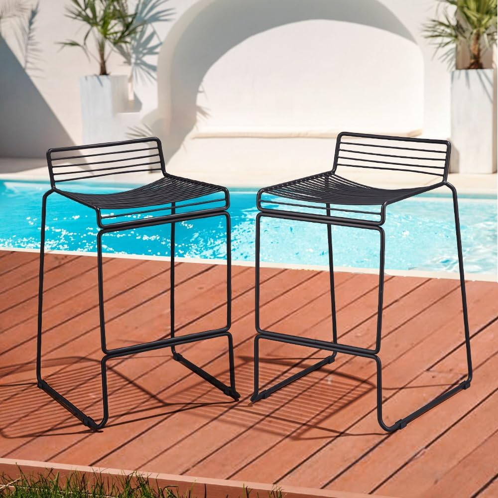 Furb Outdoor Bar Stools Set of 2, Metal Patio Bar Chairs, Outdoor Bistro Stools, Gardern Bar Stool with Backrest & Footrest (Black)