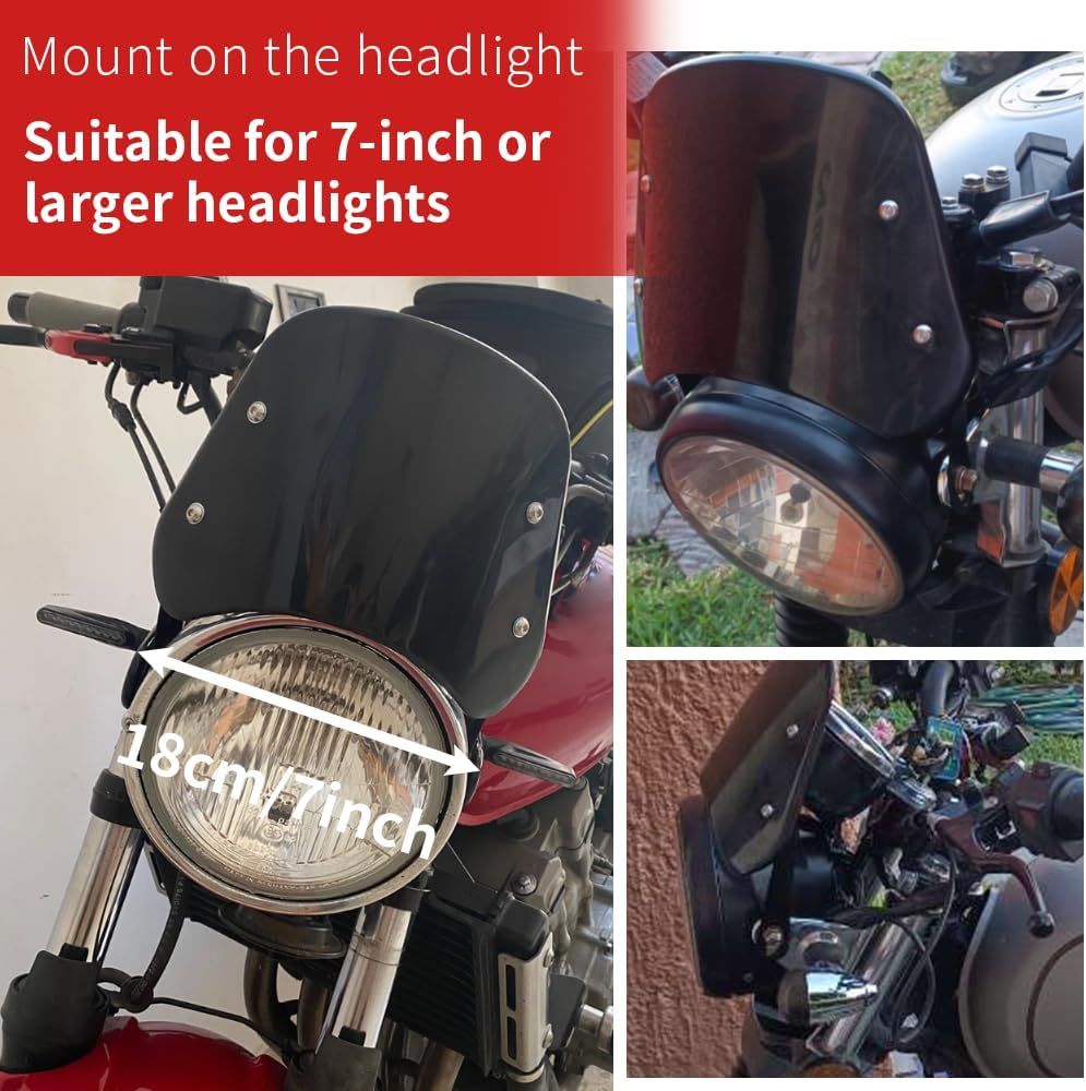 Small Universal Windshield Motorcycle Wind Deflector Windscreen Front Flyscreen with Mount Bracket Fit Motorbike 7" Headlight Compatible with Harley Suzuki Honda Triumph Cruiser Cafe Racer (Black) image number 6