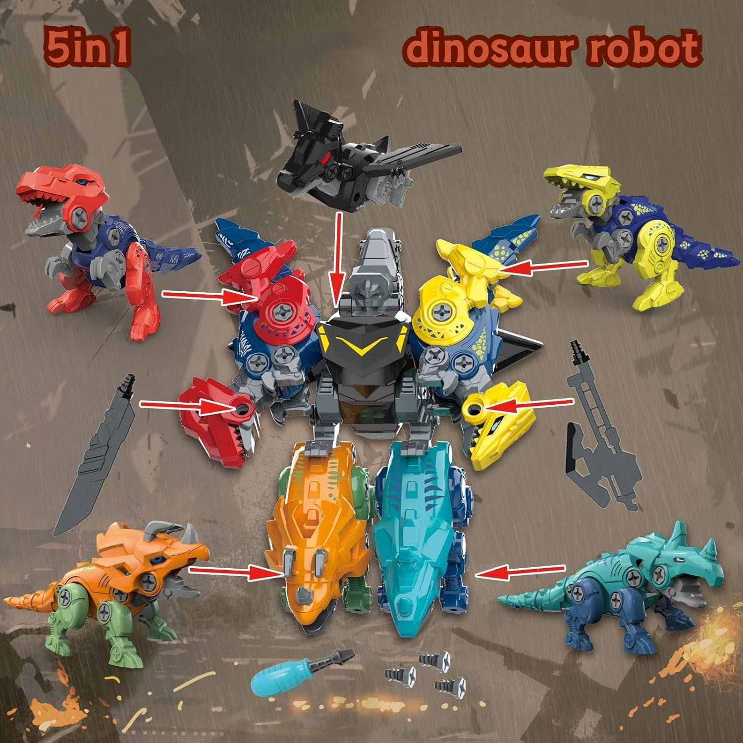 5-In-1 Dinosaur Robot Toys Set for Kids Ages 3-8 | Take Apart Construction Building Kit, DIY STEM Toy for Boys Gift Birthday, Christmas, Easter image number 4