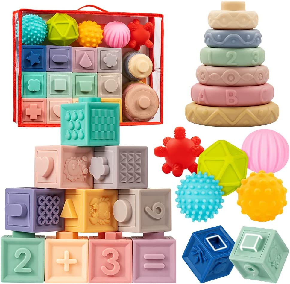 Jyusmile Baby Toys 6-12 Months, Montessori Toys for Babies 6-12 Months, Incl Stacking Building Blocks & Soft Infant Teething Toys & Sensory Balls for Toddlers 0-3-6-9-12 Months image number 4