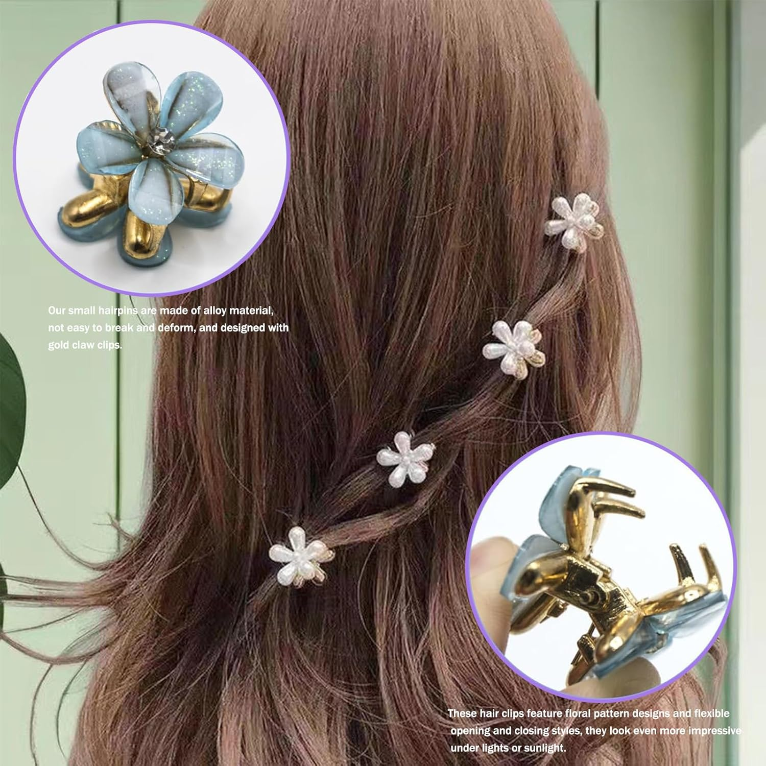 FISH DRAGATE Pack of 18 Flower Hair Clips, Small Flower Hair Clip, 9 Colours Flower Hair Clip, Flower Accessories, Flower Hair Clip, Mini Diamond Hair Clips for Girls, Women, Wedding, Party image number 2