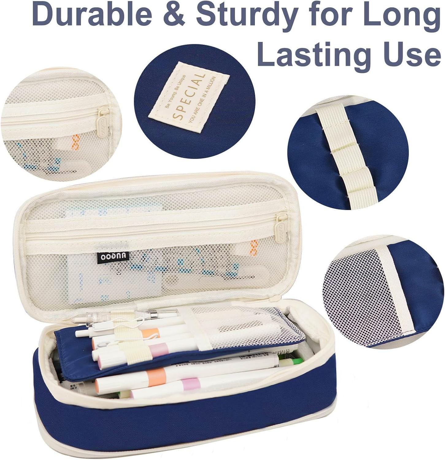 Cute Pencil Case Large Capacity - Expandable Pencil Pouch for Women and Girls, Durable Pencil Bag Pen Case Organizer, Kawaii Pencil Case Pouch for School Supplies & Gift (Blue)