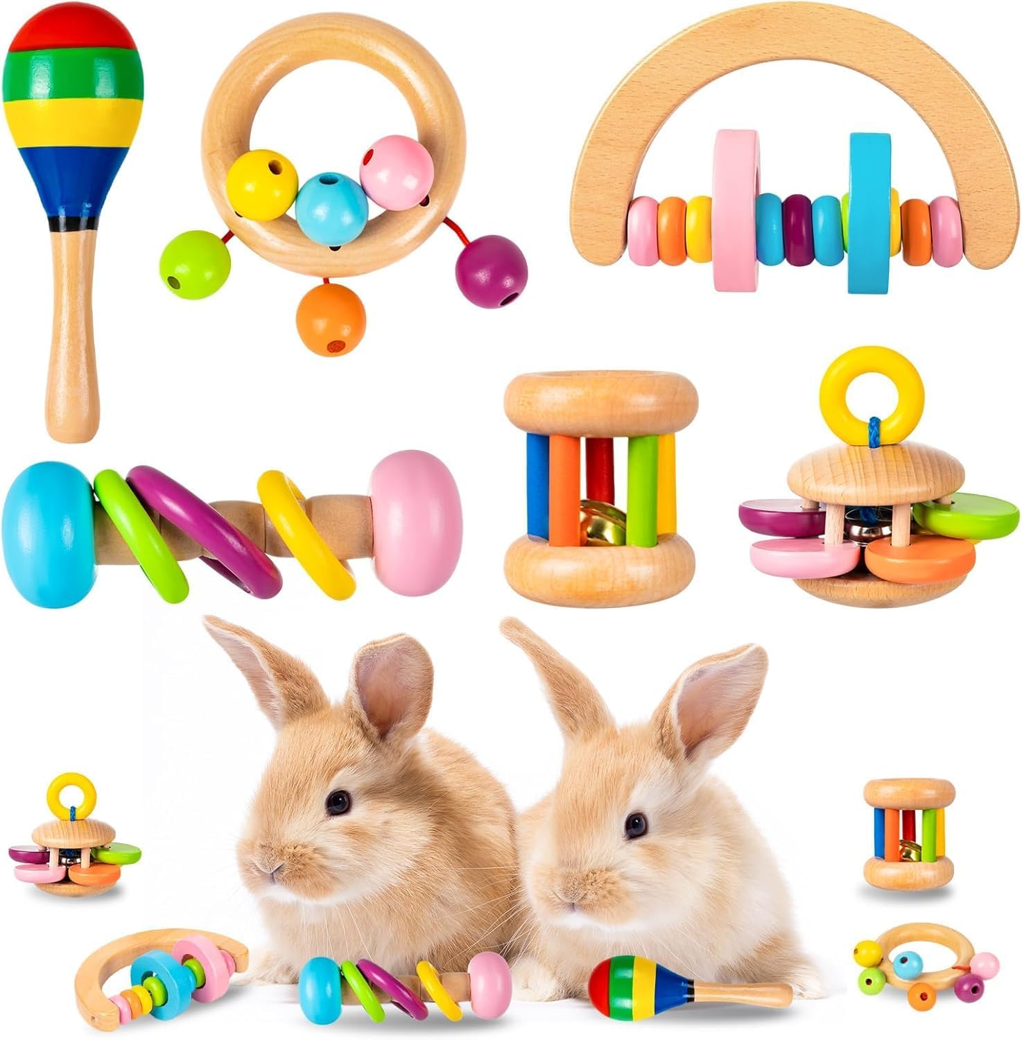 6 Pcs Wooden Bunny Toys Set, Safe Bite-Resistant Rabbit Toys Guinea Pigs Toys for Small Animals Chinchillas Hamsters, Bunny Gifts Indoor Outdoor