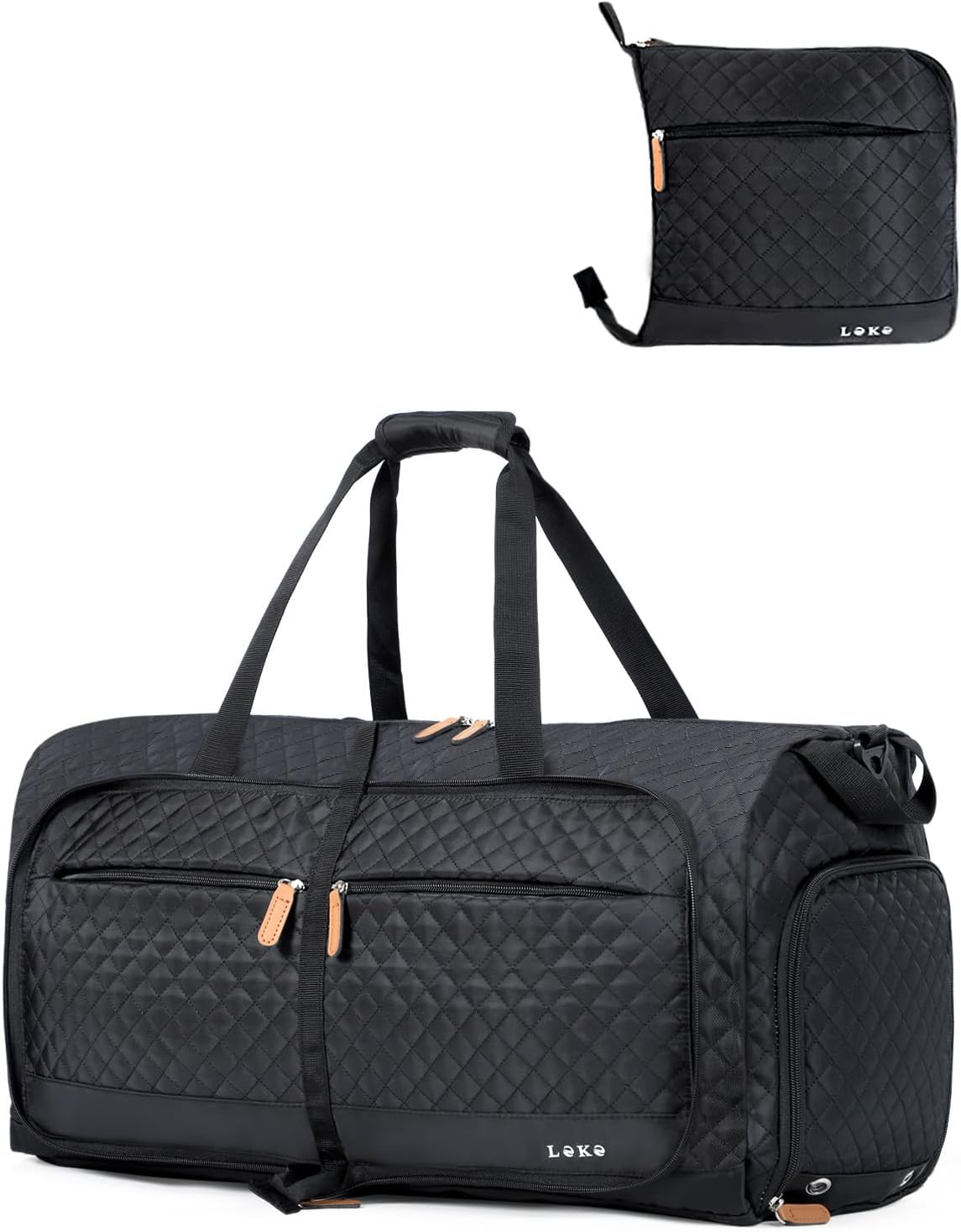 Lekebobor Travel Duffel Bag for Women, 80L Foldable Water-Resistant Large Duffle Bag with Separate Shoes Compartments & Straps, Collapsible Overnight Weekender Bag, Gym, Hospital,(Brown Stripes, 80L)