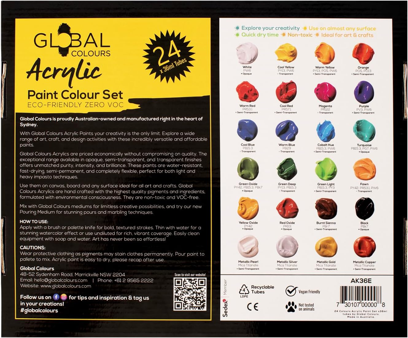 GLOBAL COLOURS Acrylic Paint Set &ndash; 24 X 36Ml Tubes. Artist Quality, Waterproof Paints for Canvas, Wood, Paper, Ceramics &ndash; Non-Toxic, Made in Australia. Ideal for Beginners & Kids image number 5