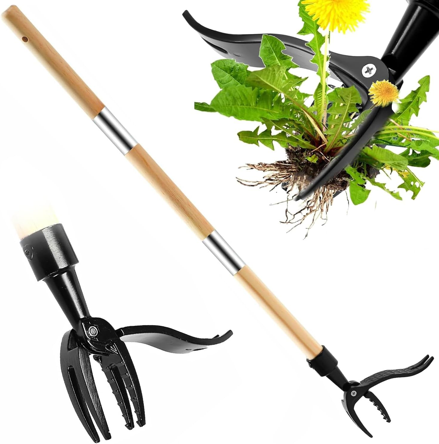 Weed Puller Tool Stand up Duty Weed Remover Tool with Long Handle Foot Platform Design-4 Claw Steel Head Weeder Tool Bamboo Garden Hand Weeding Tool Smoothly Remove Weeds without Kneeling image number 2