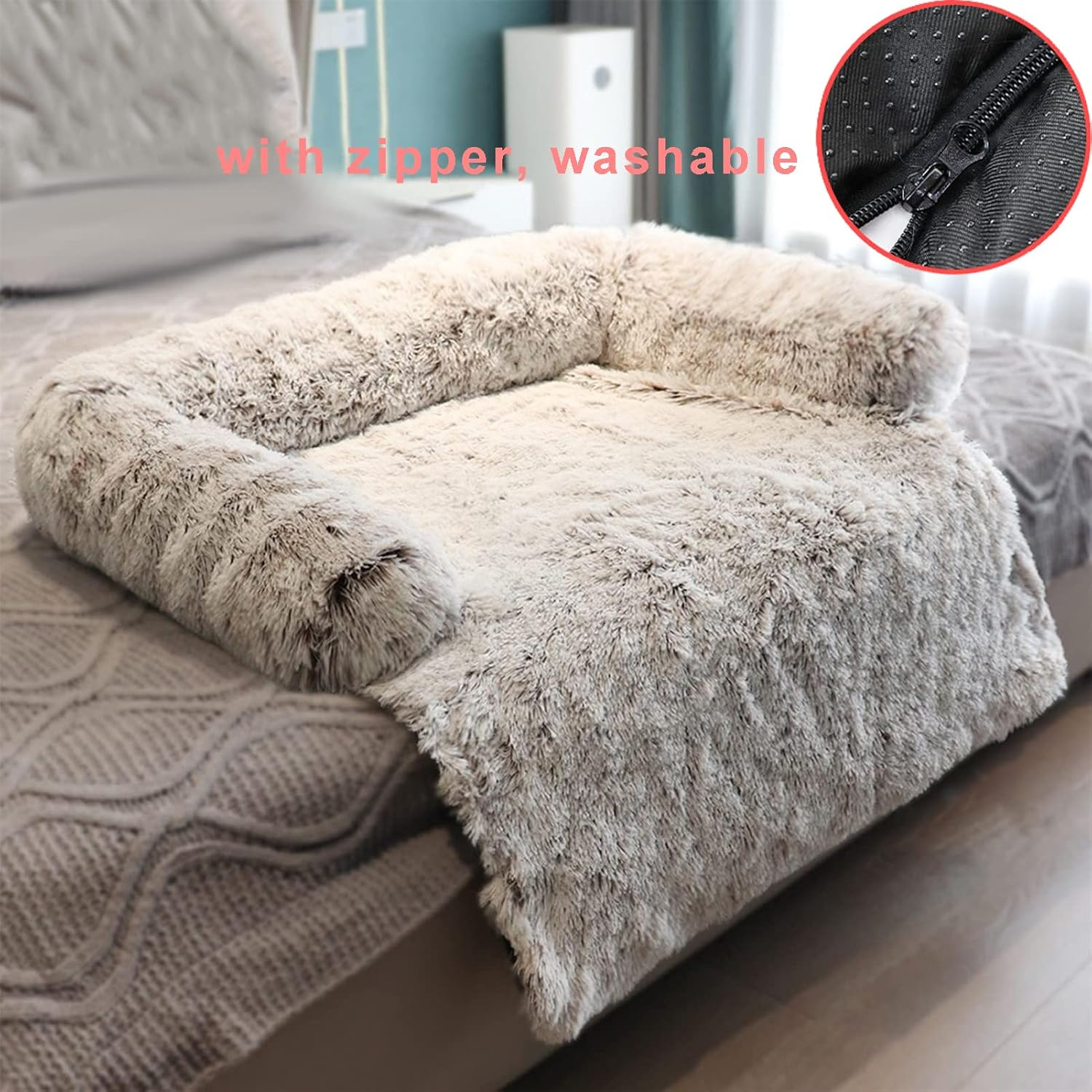 Cotton Plush Pet Sleeping Bed for Dogs and Cats, Dog Couch with Zipper, Washable, Removable, Fluffy Dog and Cat Bed,Coffee,S image number 2