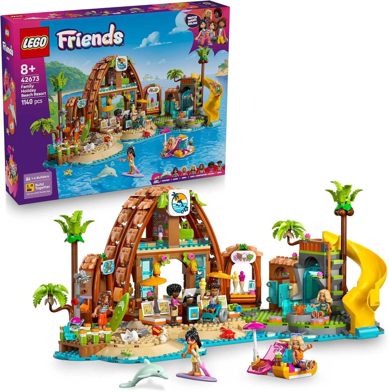 LEGO&reg; Friends Family Vacation Beach Resort 42673 Building Set Toy for Girls and Boys Aged 8 Years Old and Up, Kids&rsquo; Travel Playset with 6 Minidolls, Dolphin Figure and Baby Turtle image number 5