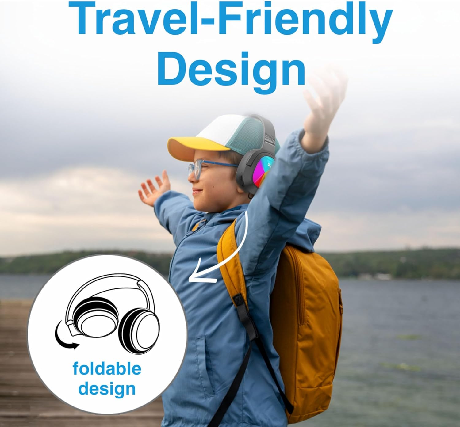 Laser Kids Bluetooth 5.4 Wireless Headphones with RGB Lights, Foldable, Safe Volume Limited to 85Db, Built in Mic - Supports USB C Charging, AUX and Micro SD (Black) image number 2