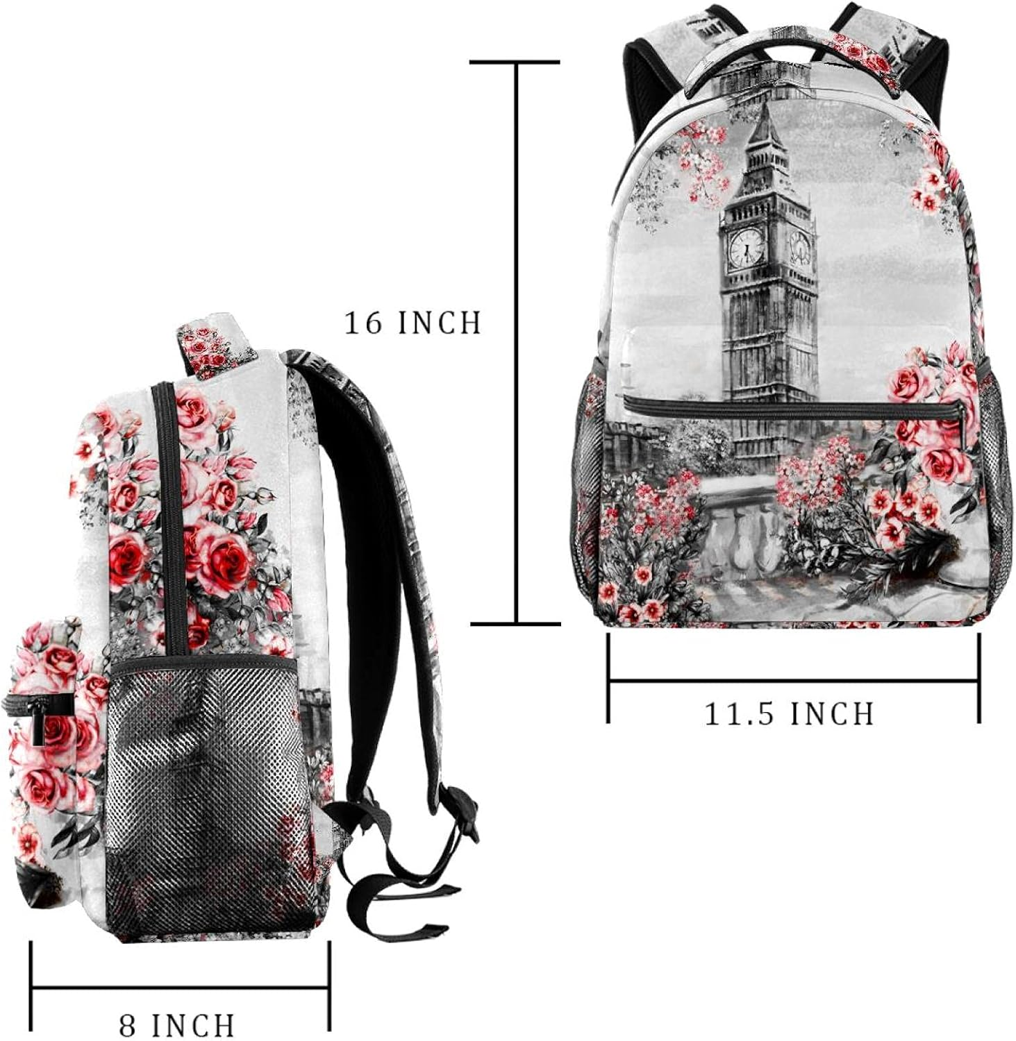 Summer in London Big Ben Flower Rose and Leaf Backpack Students Shoulder Bags Travel Bag College School Tote Backpacks image number 3