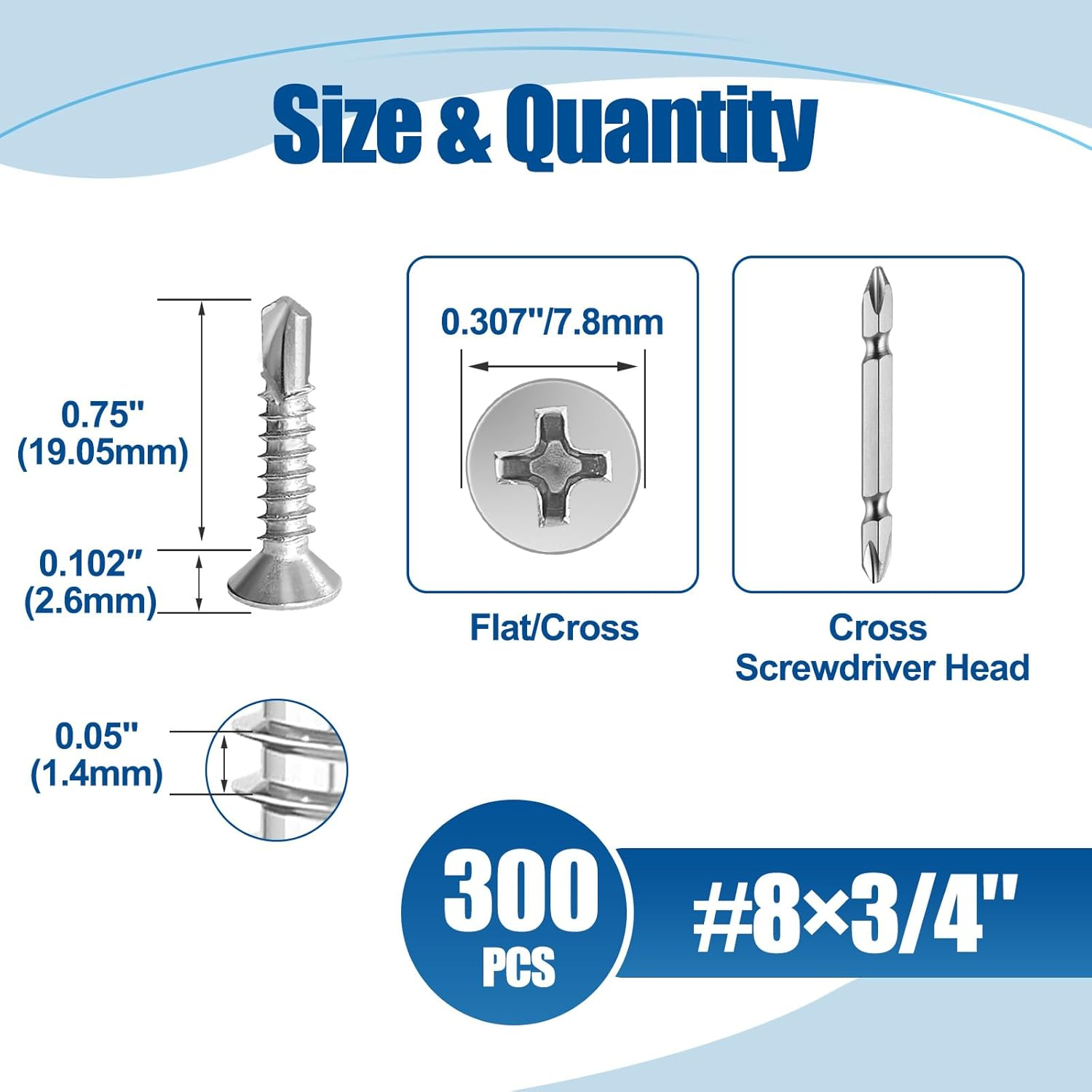 #8&times;3/4&Prime; Sheet Metal Screws 300Pcs, 410 Stainless Steel Flat Head Cross Self Drilling Screws image number 6