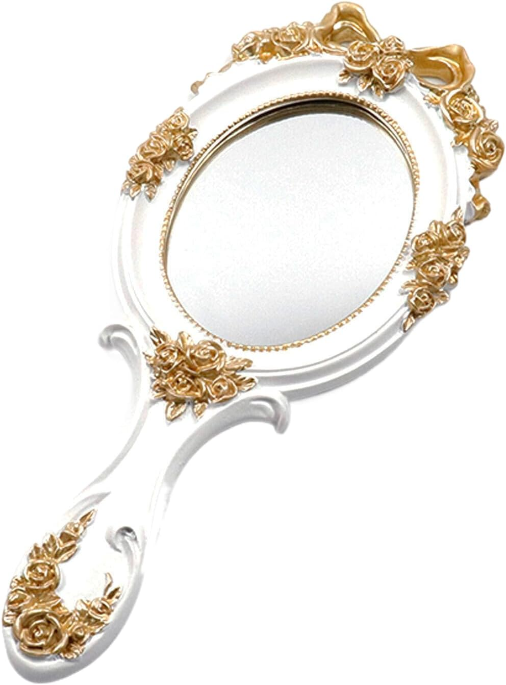 Bitray Handheld Mirror 10" Length Vanity Makeup Mirror Large Decorative Cosmetic Mirror Vintage White Oval Embossed Rose Mirror