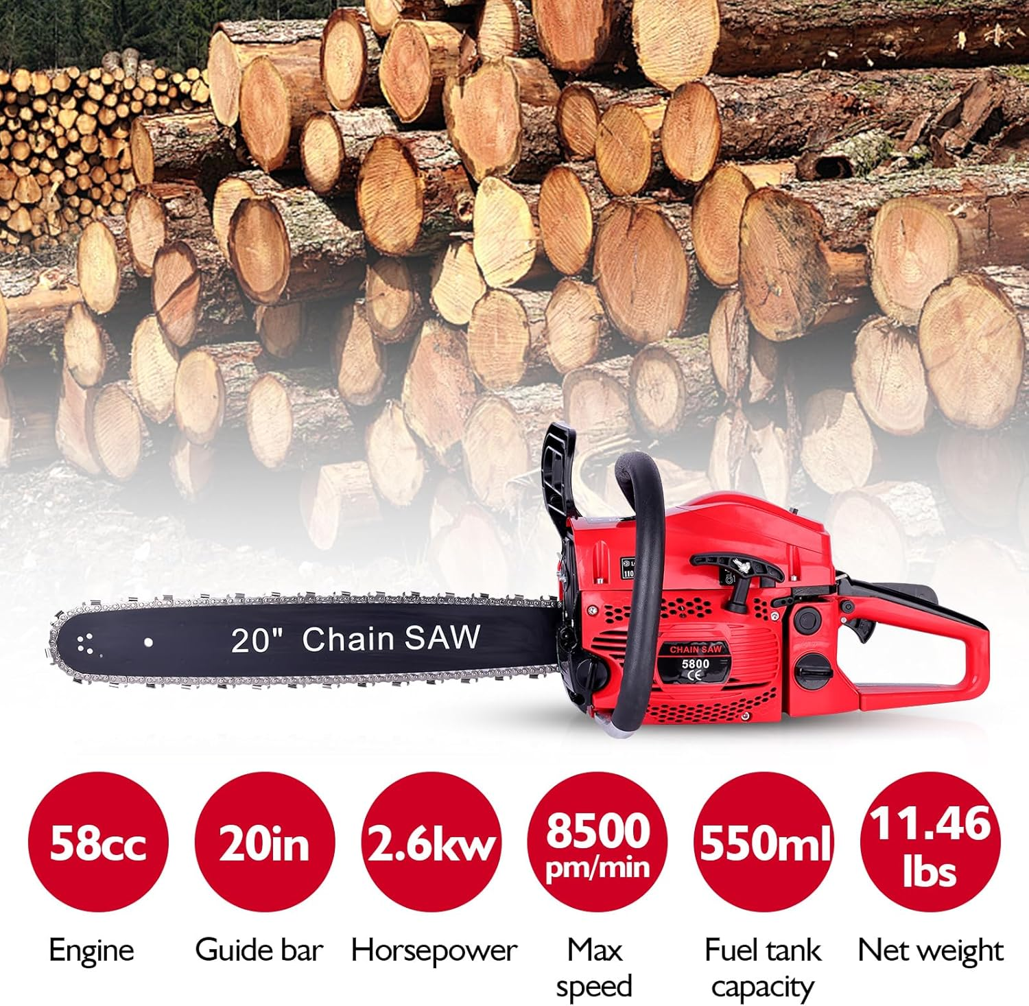 58CC Gas Chainsaw, 20 Inch Power Chain Saw, 2200W 2-Cycle Handed Petrol Chainsaws Gasoline Chainsaws Garden Tool for Cutting Trees, Wood, Outdoor Home Garden and Farm Use image number 4
