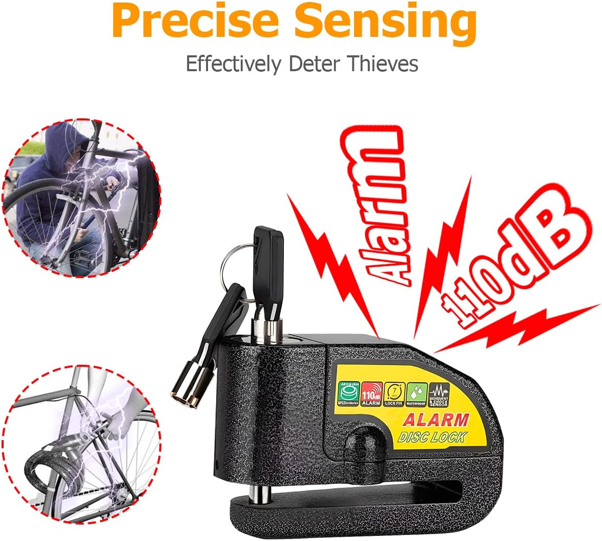 Motorcycle Alarm Disc Brake Lock, Anti-Theft Security 110Db Alarm Sound, Waterproof Wheel Padlock with Keys and Reminder Cable, Auto Accessories for Motorbike, Scooter, Bike, Moped (Black)