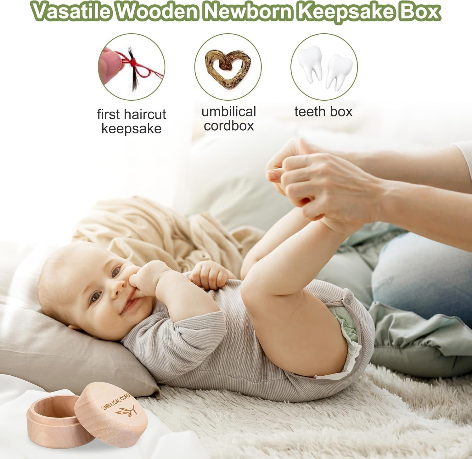 Umbilical Cord Memorial Box Engraved Wooden round Newborn Wood Case Baby Keepsake Tooth Box Fetal Hair Memorial Storage Container Carved Baby Fetal Hair Case for Babys Shower Pregnancy Christen Gift image number 1