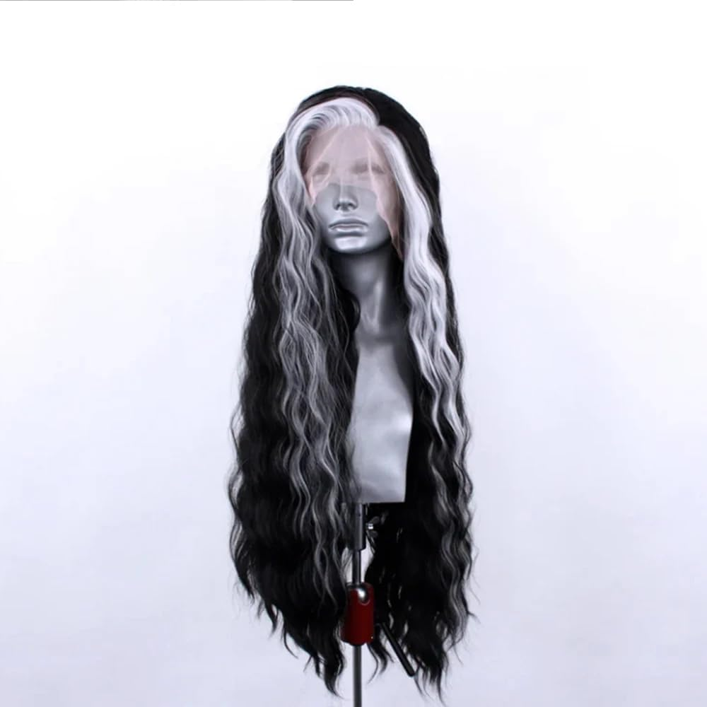 ELESTY Highlights Synthetic Lace Front Wigs Free Part Long Curly Black Mixed White Hair Heat Resistant Natural Hairline Glueless Lace Wigs for Women Daily - Cr1Bh10 image number 3