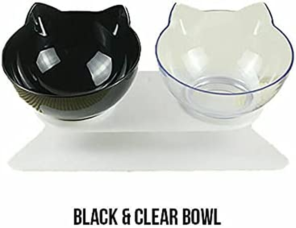 Double Elevated Cat Dog Pet Bowl Feeder Food Water Raised Lifted Stand Bowls Clear+ Black