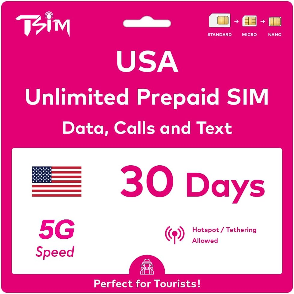 USA SIM Card 30 Day. T-Mobile Network with Unlimited Data, Calls and Texts. 5G Data Speed. Hotspot Sharing Allowed