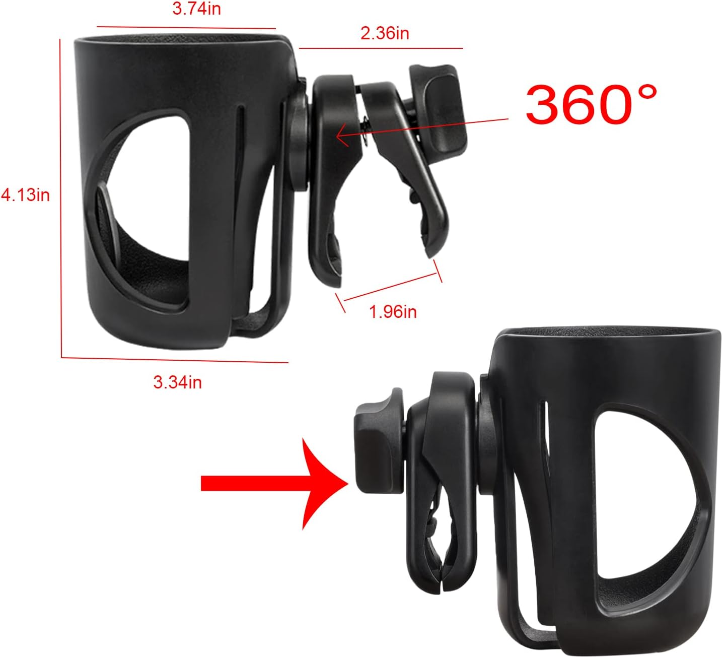 Stroller Cup Holder, 360 Degrees Rotation Bike Cup Holder, Stroller Cup Holder, Large Caliber Designed Cup Holder for Walker, Bike, Wheelchair, Walker, Scooter. (Black) image number 2