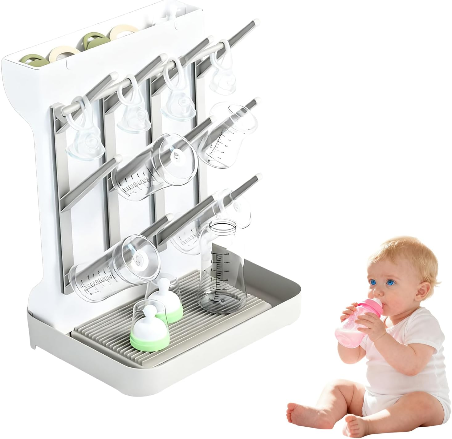 Baby Bottle Drying Rack with 12 Hooks,Vertical Bottle Organizer，Baby Bottles and Pump Part Cleaning,Baby Bottle Accessories Storage,Space Saving image number 2