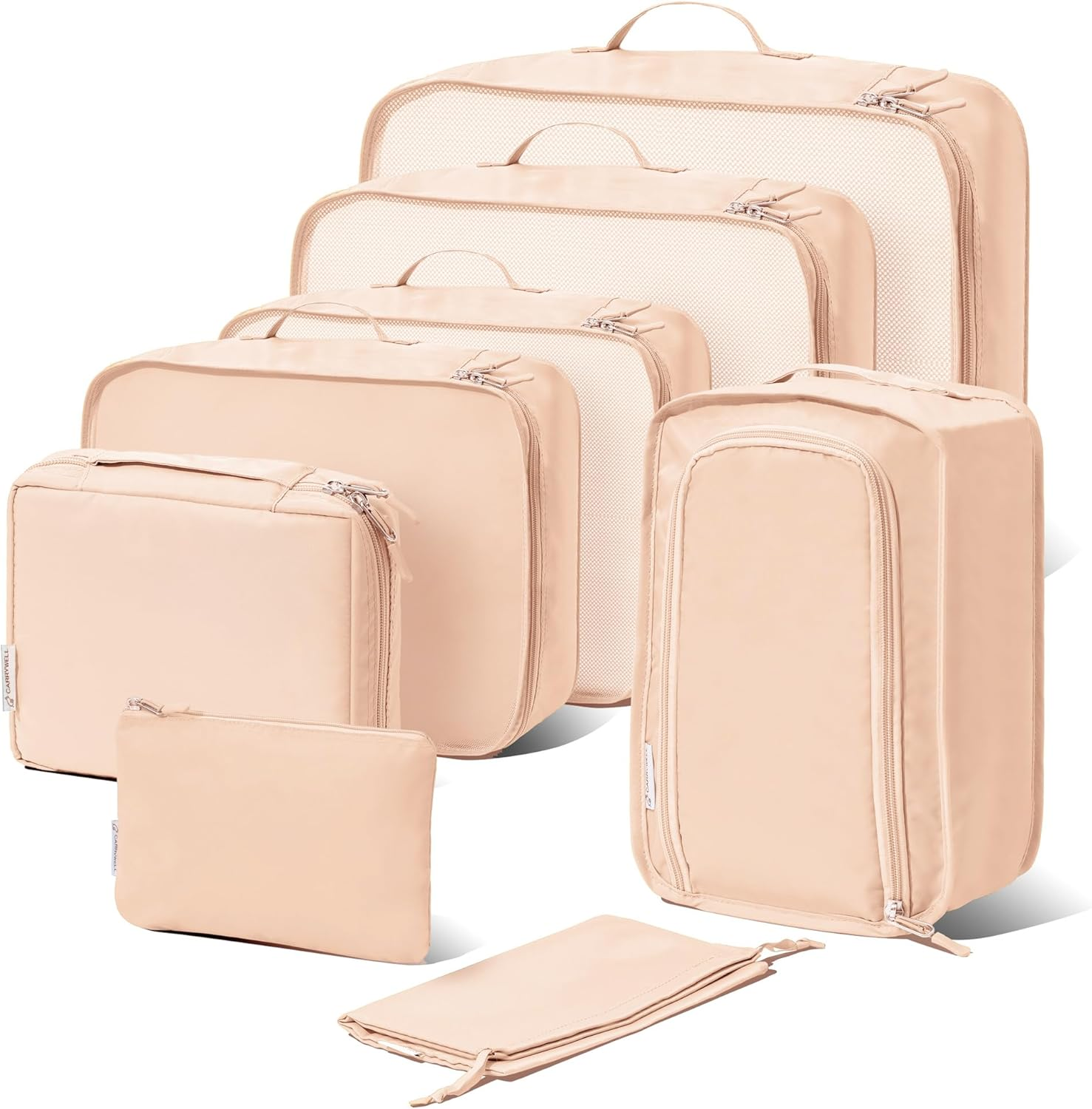 (Not Made in China) Packing Cubes for Travel, Luggage and Suitcase Organizer Bags, Carry on and Backpack Space Savers, Lightweight Waterproof Nylon, 8Pc Set Beige