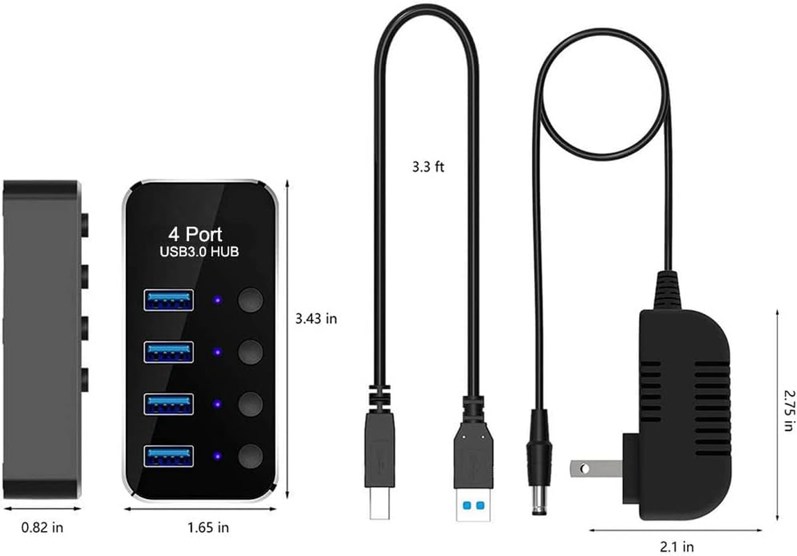 Powered USB Hub, TEKERA 4 Port USB 3.0 Hub Splitter Portable Aluminum USB Data Hub Expander with Individual On/Off Switch and Universal 5V AC Adapter, 3.3Ft USB 3.0 Cable image number 1