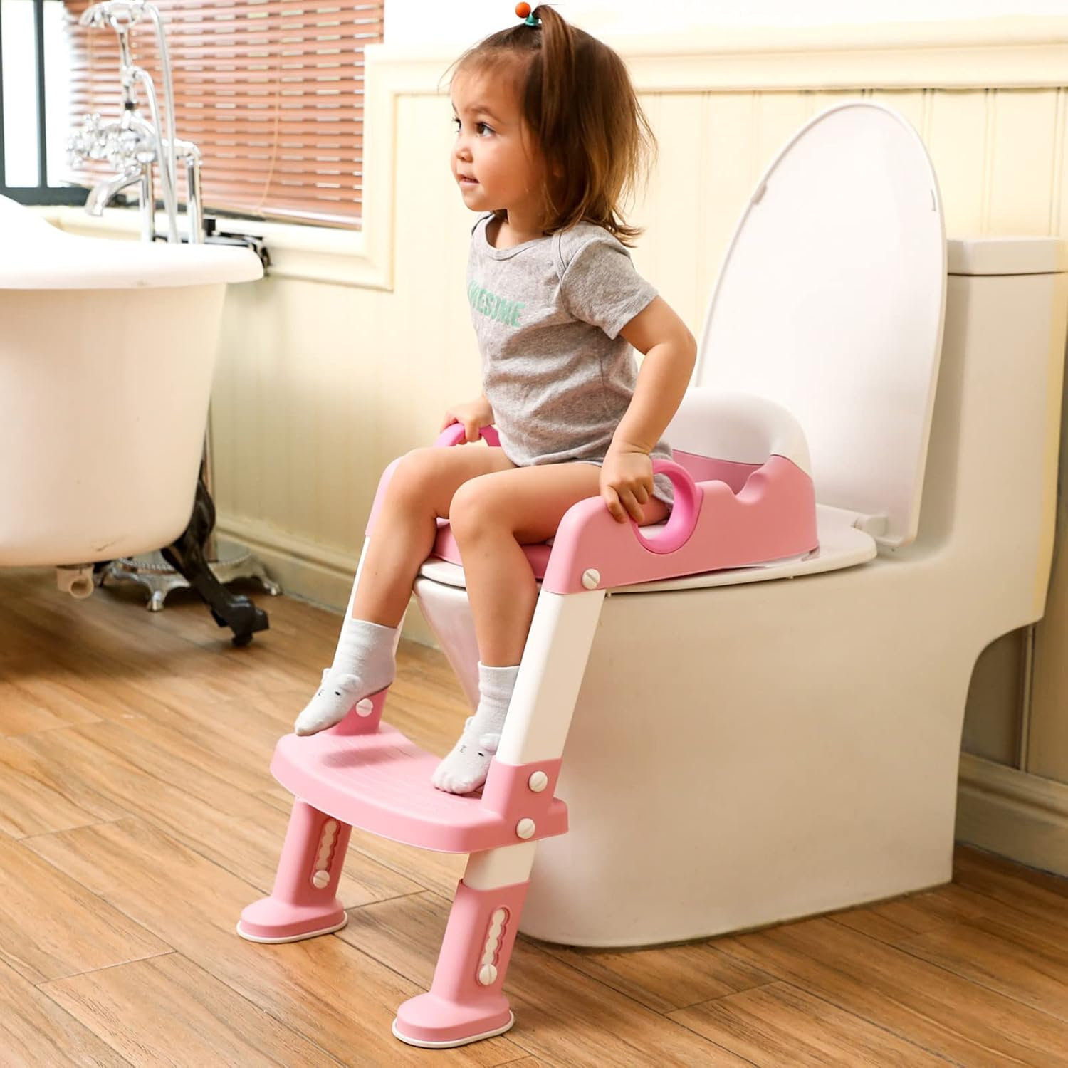 Potty Training Toilet Seat with Step Stool Ladder for Boys and Girls Baby Toddler Kid Children Toilet Training Seat Chair with Handles Padded Seat Non-Slip Wide Step(Pink)