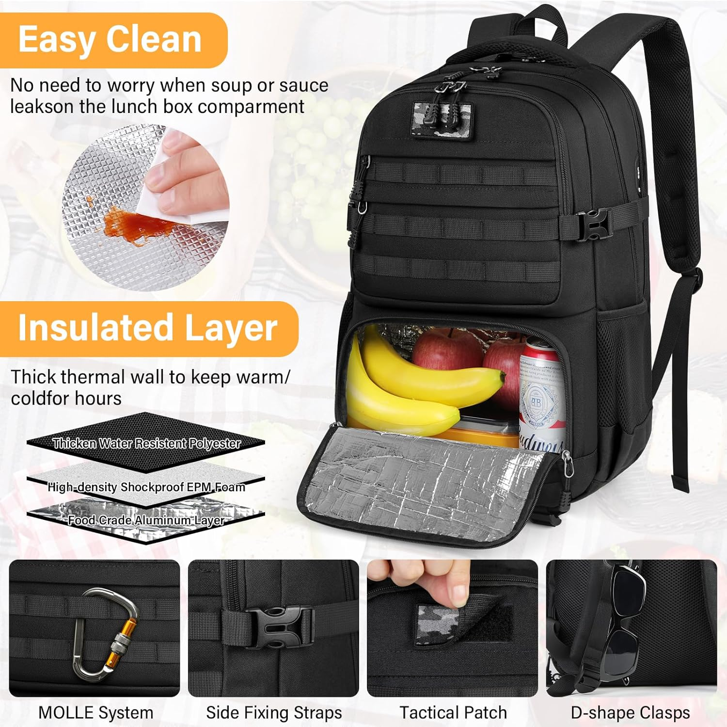 Lunch Backpack for Men & Women 17.3 Inch Laptop Backpack with USB Charging Port Waterproof Tactical Work Backpack with Insulated Lunch Bag for Travel, College, Business with MOLLE Design image number 4