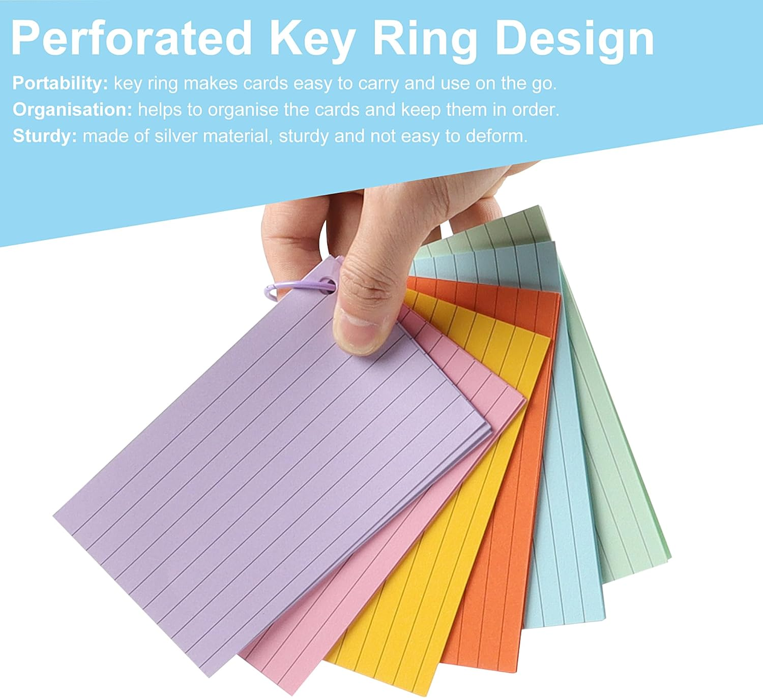 JUNART 300 Pcs Index Cards(6 Colours &times; 50 Pages) with 6 Binder Rings, Perforated Colourful Flash Cards for Study Notes, Office, Home, Etc image number 6