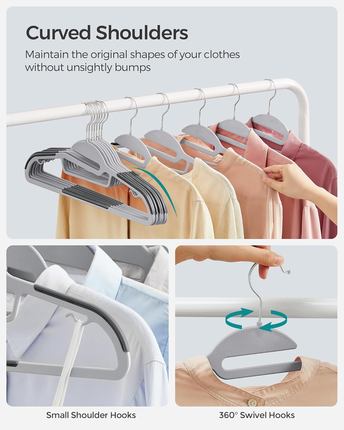 SONGMICS 30 Pack Coat Hangers, Heavy-Duty Plastic Suit Hangers, S-Shaped Opening, Space-Saving, 360&ordm; Swivel Hook, 16.3 Inches Wide, Light Gray and Dark Gray UCRP041G05 image number 2