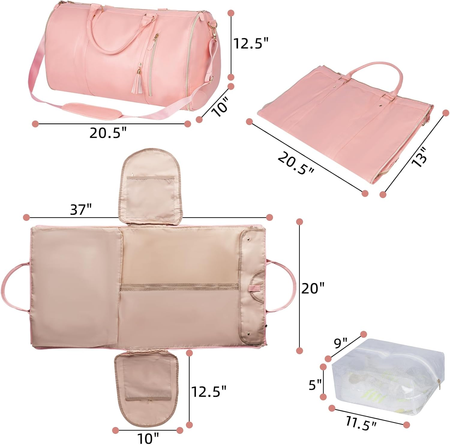 Disna Convertible Garment Bag for Travel- Waterproof Leather Convertible 2 in 1 Carry on Garment Bag with Shoe Compartment Garment Duffel Bag for Women (Black) image number 5