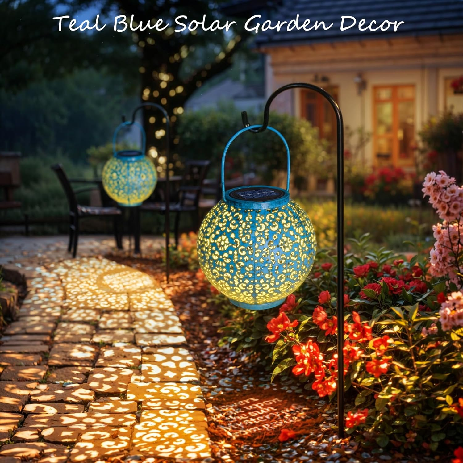 Go2Garden Solar Large Lanterns Outdoor Hanging Lights Metal Decorative Garden Lights Waterproof Solar Lantern for Table, Patio, Courtyard, Party Decorations (1 Pack, Teal Blue) image number 4