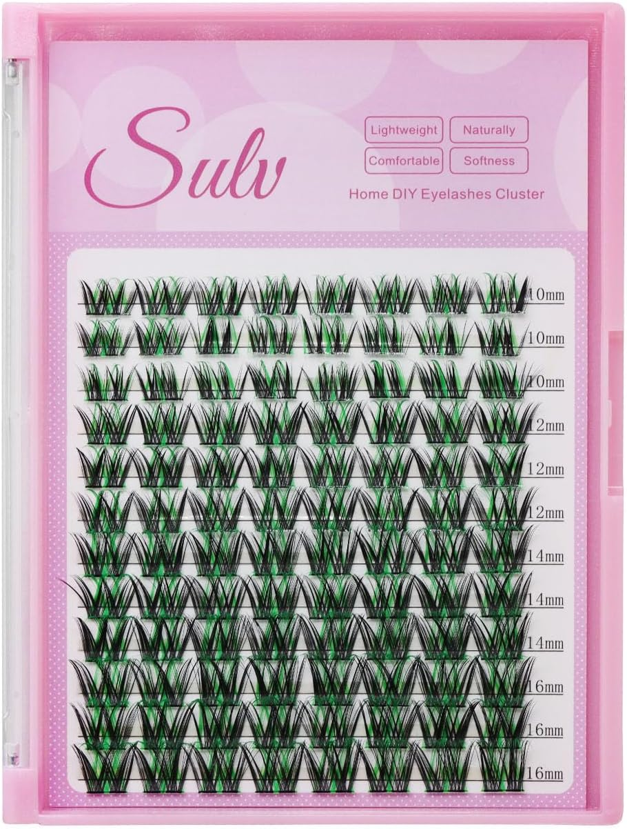 SULV Lashes Cluster D Curl Individual False Eyelash Extensions Cluster 96Cluster 10-18Mm to Choose Black Green Colors Eyelashes Cluster Professional Beauty Accessory DIY at Home (Wm005-12Mm)