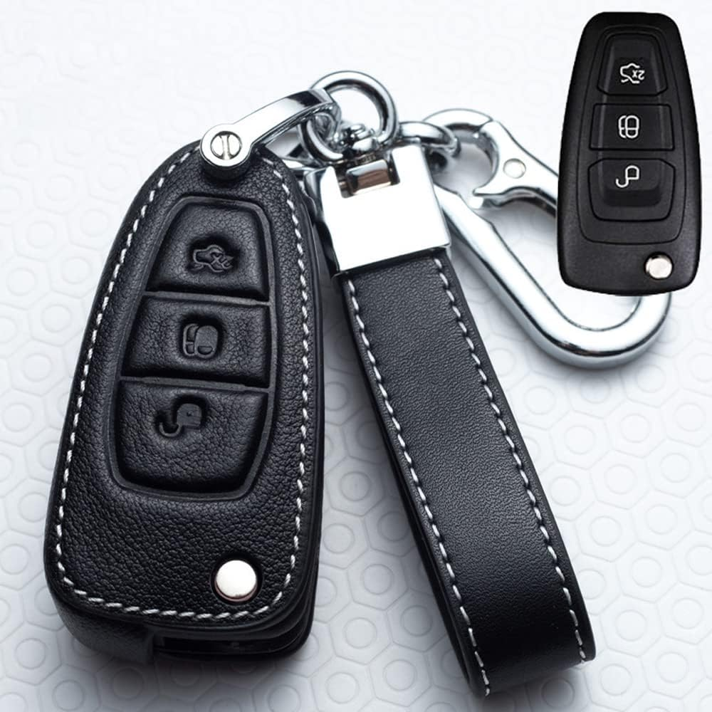 Ontto Leather Car Key Fob Cover Fit for Ford Focus Mondeo Fusion Fiesta Ka Kuga S-Max 2011-2017 Flip Key Case Key Holder Key Shell Keychain Keyring Protective Accessories Black image number 5